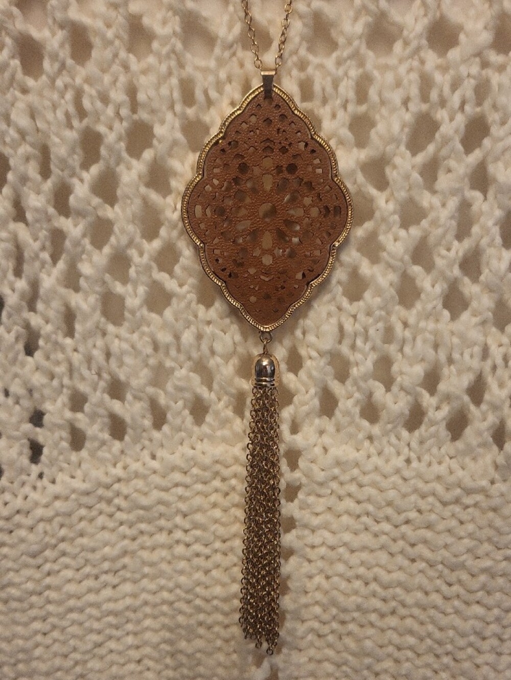 Women's Cream Scoop-Neck Open Knit Sweater With Bonus Necklace - Picture 3 of 14